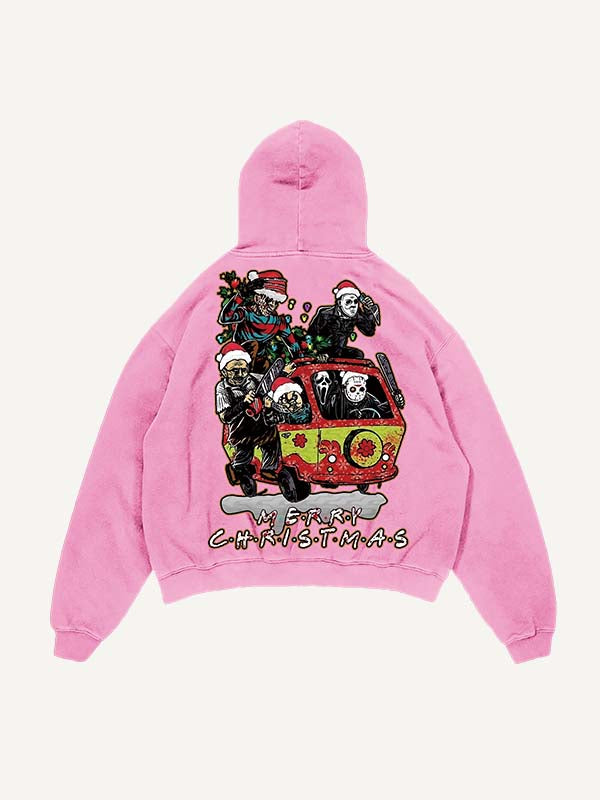 Sudadera con capucha y bolsillos inclinados con estampado de terror navideño desgastado y lavado