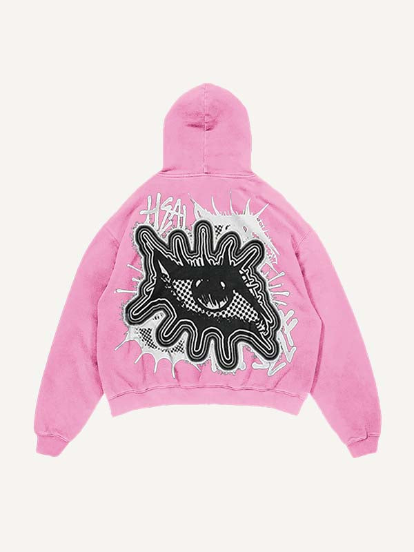 Sudadera con capucha y bolsillos inclinados con estampado de calcomanías falsas de ojos y letras desgastadas 