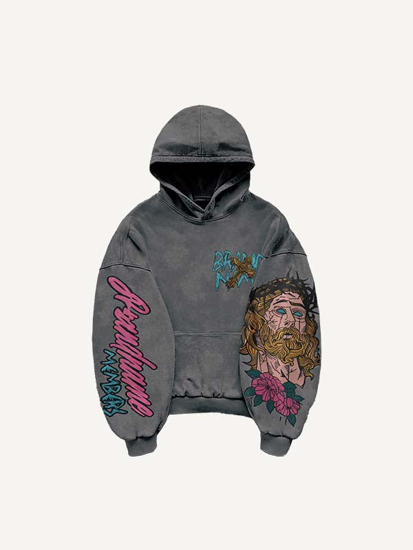 Sudadera con capucha y bolsillos inclinados con estampado de figuras, letras y cruces 