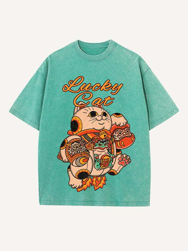 Camiseta de cuello redondo con estampado desgastado de gato, dragón, animal y gráfico 