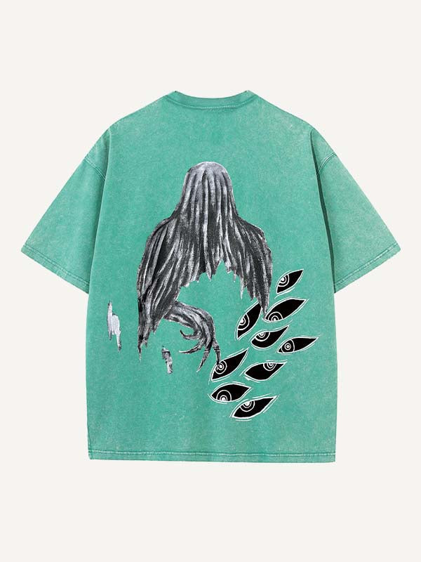 Camiseta de cuello redondo con estampado gráfico desgastado, figura, ojos, fuego y lavado 