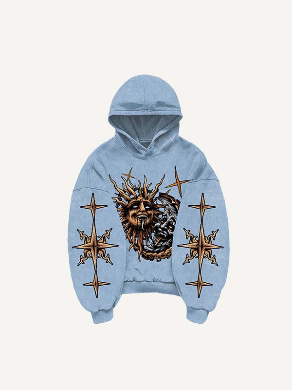 Sudadera con capucha y bolsillos inclinados con estampado gráfico de sol y luna malvados 