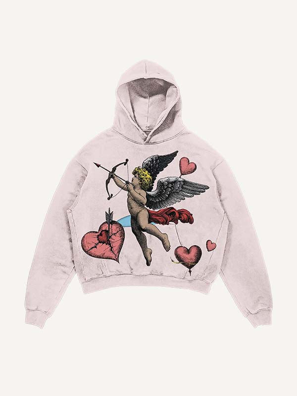 Sudadera con capucha y bolsillos inclinados con estampado de Cupido y Corazón desgastado y lavado 