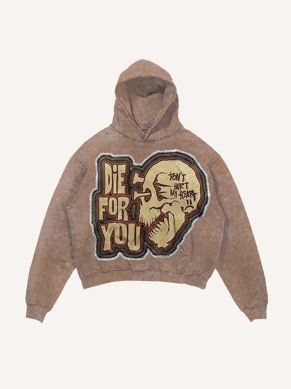 Sudadera con capucha desgastada, lavado y con estampado de calavera falsa "Die For You" y bolsillos inclinados 