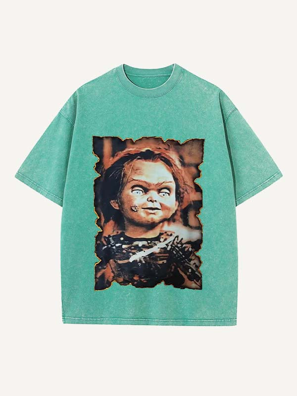 Camiseta de cuello redondo con estampado de terror desgastado y lavado 