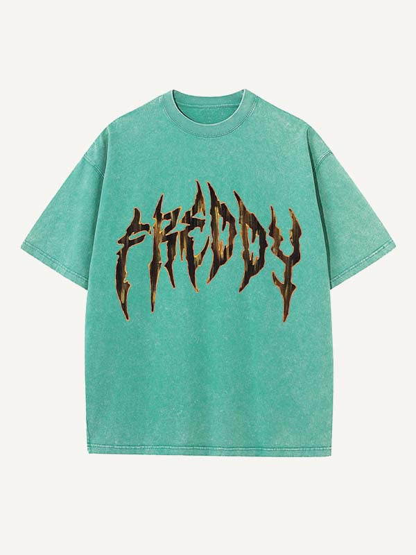 Camiseta de cuello redondo con estampado de terror desgastado y lavado 