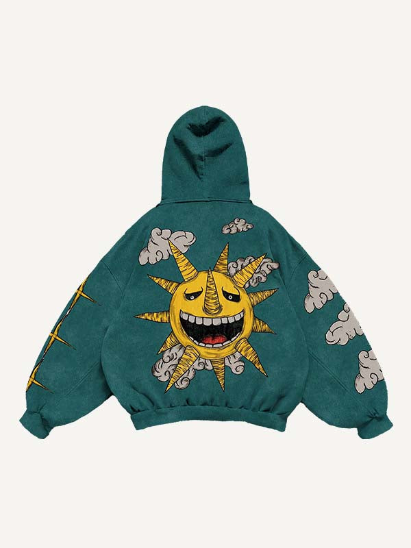 Sudadera con capucha y bolsillos inclinados con estampado de luna, sol, estrellas y nubes malvadas 