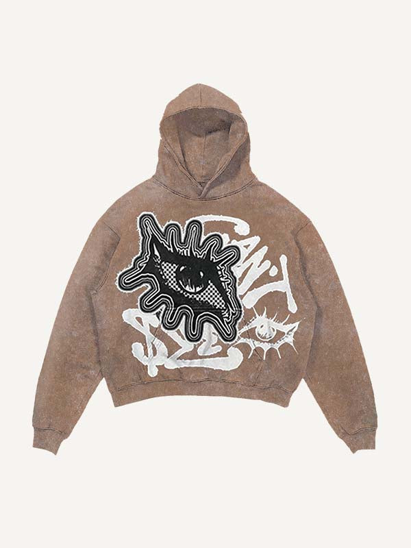 Sudadera con capucha y bolsillos inclinados con estampado de calcomanías falsas de ojos y letras desgastadas 