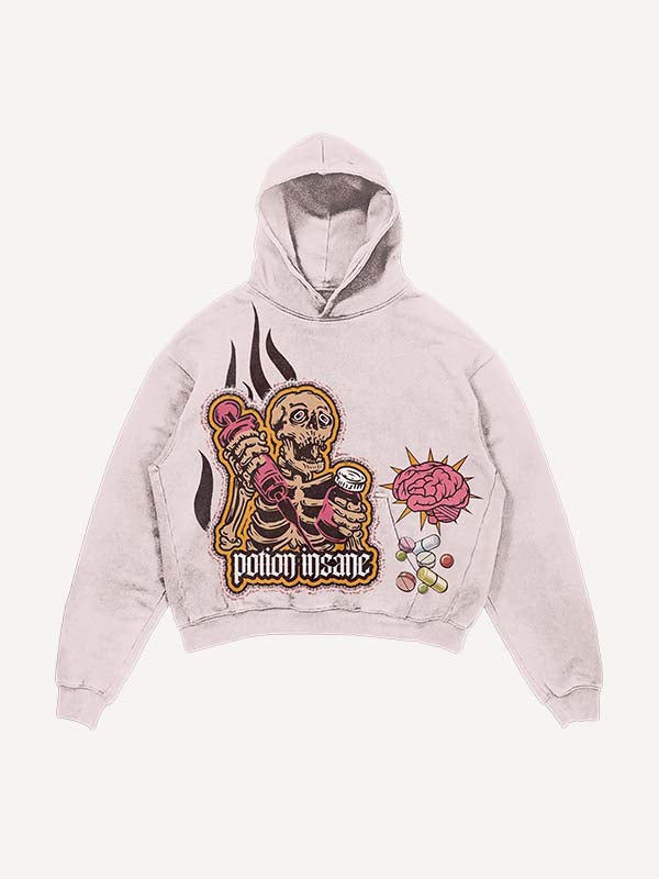 Sudadera con capucha y bolsillos inclinados, desgastada, con estampado de esqueleto inyectable, medicina y letras falsas 