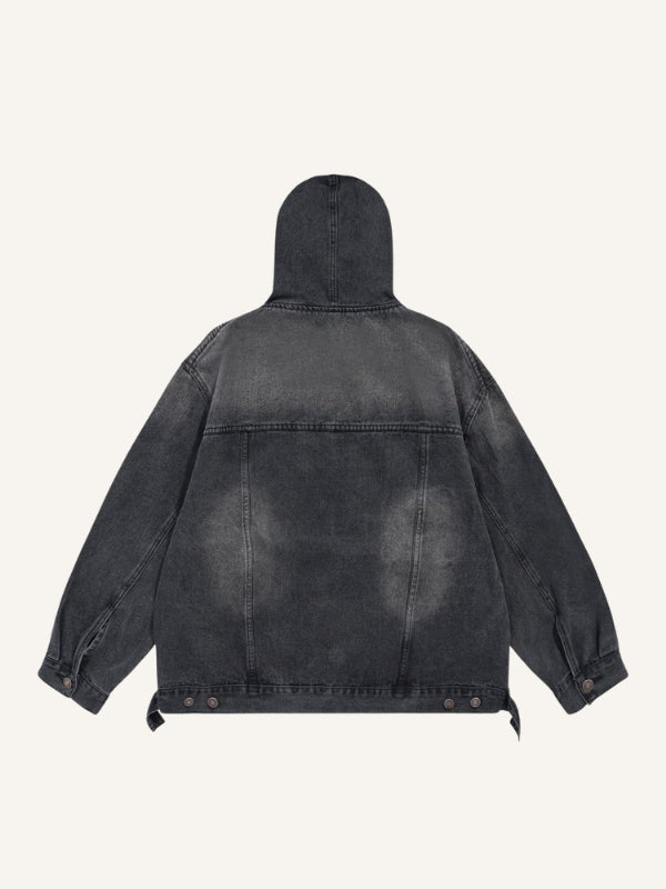 Sudadera con capucha de mezclilla lavada y desgastada de color sólido 