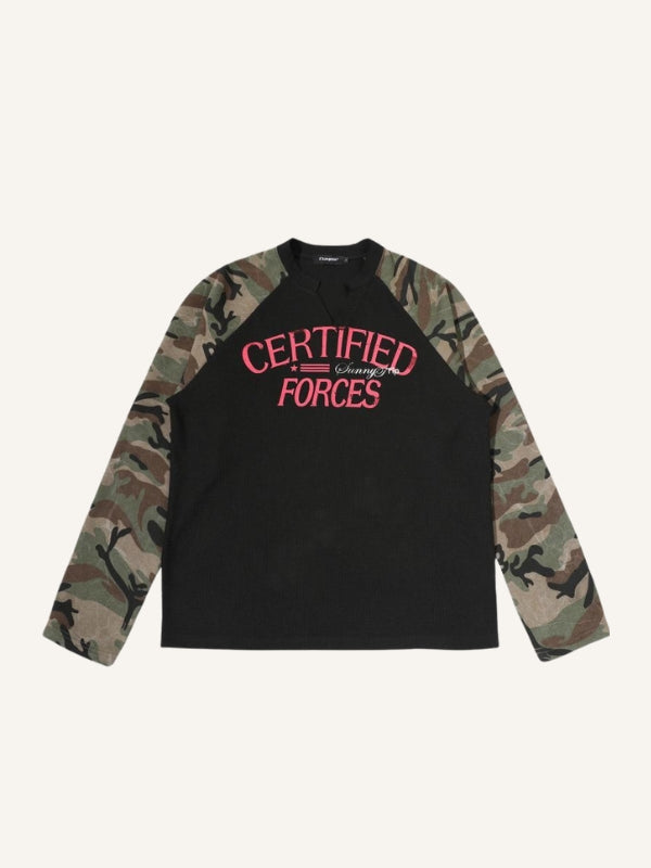 Camo Splicing Letter Print V Neck Long-sleeved T-shirt