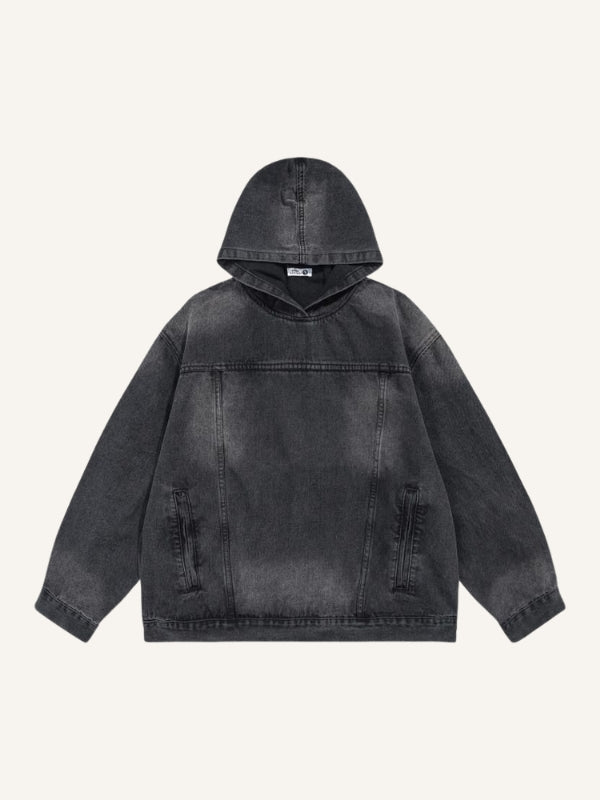 Sudadera con capucha de mezclilla lavada y desgastada de color sólido 