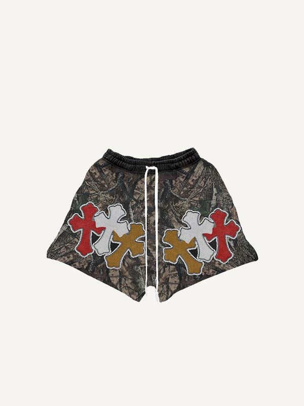 Cross&Letter&Branches Faux Decal Print Drawstring Waist Shorts
