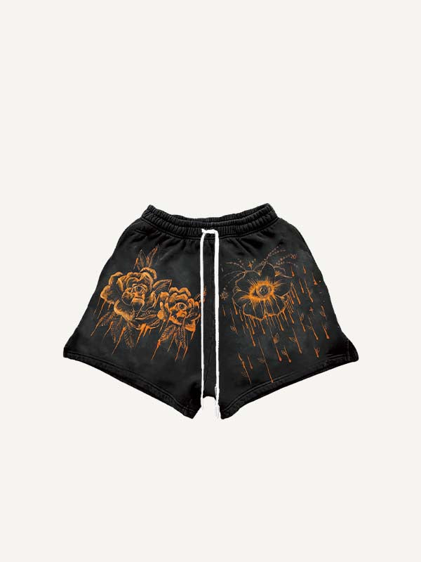 Floral&Eye Print Drawstring Waist Shorts