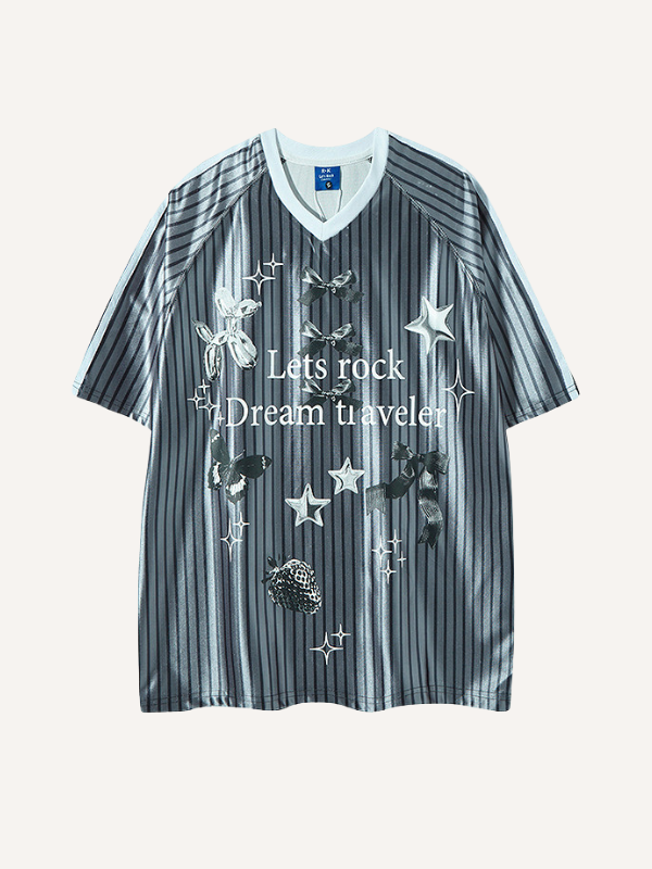 Butterfly&Graphic&Letter&Stripe Print V Neck T-shirt