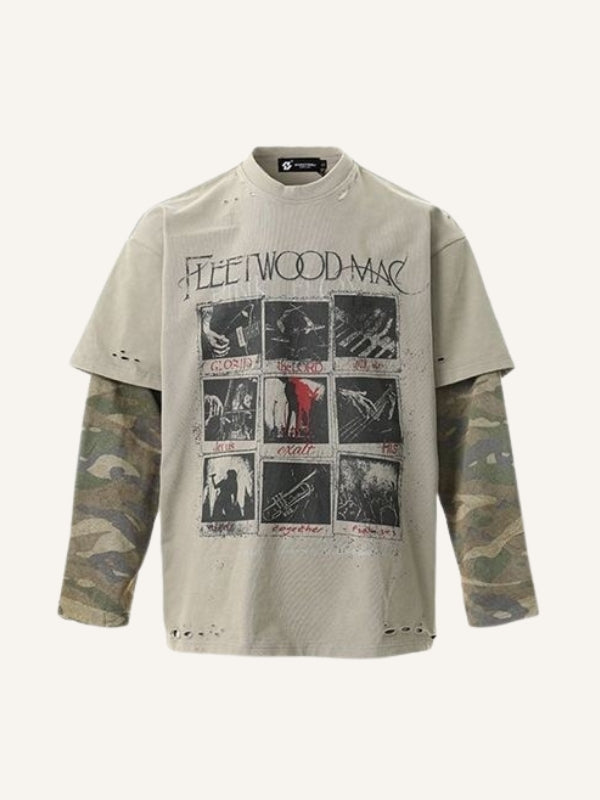 Camiseta de manga larga con estampado de camuflaje y letras falsas de dos piezas 