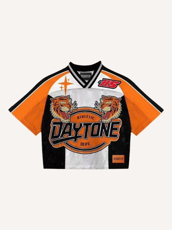 Colorblock Tiger&Letter Print Mesh V Neck T-shirt