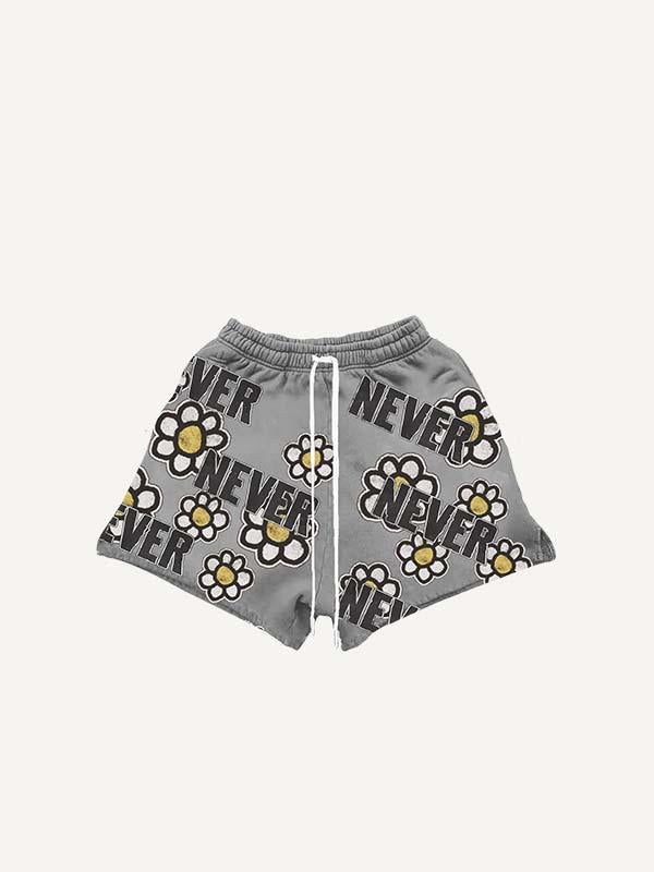 Floral&Letter Print Drawstring Waist Shorts