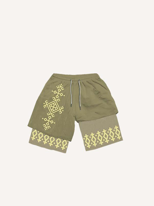 Pantalones cortos falsos de dos piezas con estampado gráfico y cordón en la cintura