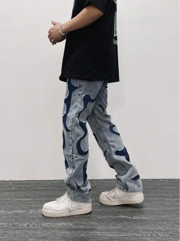 Vaqueros rectos con bordado y patchwork destruido en bloques de color