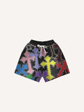 Color Cross Faux Decal Print Drawstring Waist Shorts