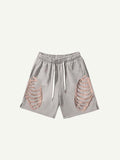 Colorblock Skeleton Faux Decal Print Drawstring Waist Shorts