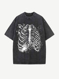 Distressed Washed Broken Skeleton Print Round Neck T-shirt