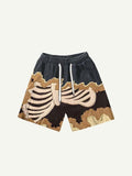 Colorblock Skeleton Faux Decal Print Drawstring Waist Shorts