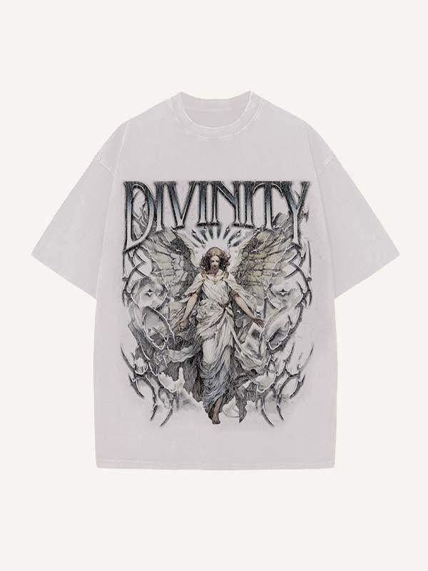 Distressed Washed Angel&Letter Print Round Neck T-shirt