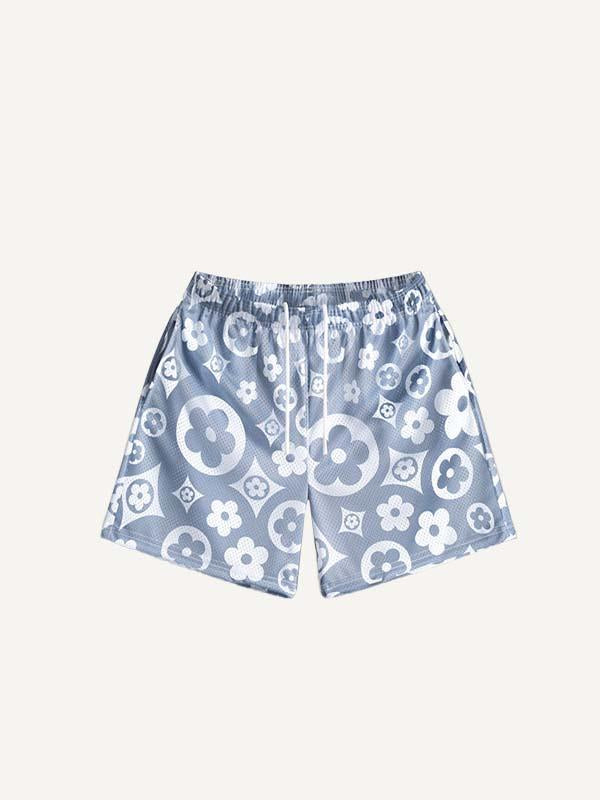 Floral Print Mesh Drawstring Waist Shorts