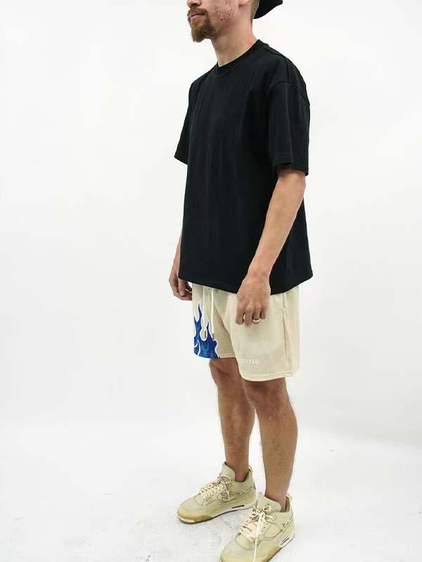 Fire Print Mesh Drawstring Waist Shorts