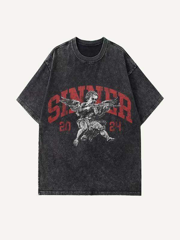 Distressed Washed Angel&Letter Graphic Print Round Neck T-shirt
