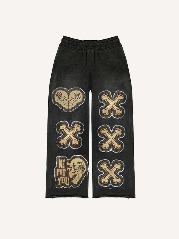 Pantalones con cintura elástica y estampado de calavera, cruz y corazón "Die For You" 
