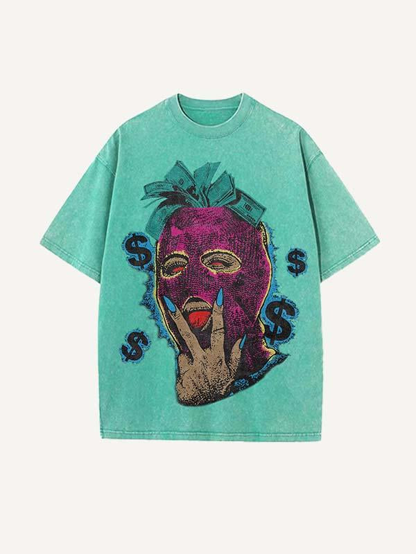 Camiseta de cuello redondo con estampado de figuras y dinero, lavada y desgastada 