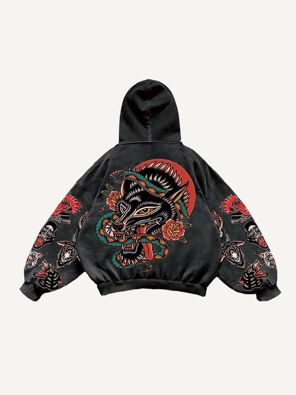 Sudadera con capucha y bolsillos inclinados con estampado de animales y letras 