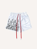Fire Print Mesh Drawstring Waist Shorts