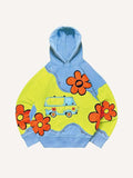 Colorblock Floral&Car&Letter Faux Decal Print Slant Pockets Hoodie