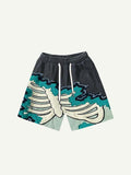 Colorblock Skeleton Faux Decal Print Drawstring Waist Shorts