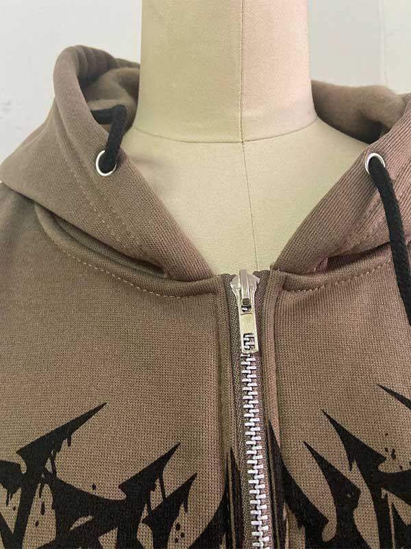 Graphic Print Drawstring Zip Up Hooded Coat