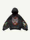 Fire Tiger&Frog Print Slant Pockets Hoodie