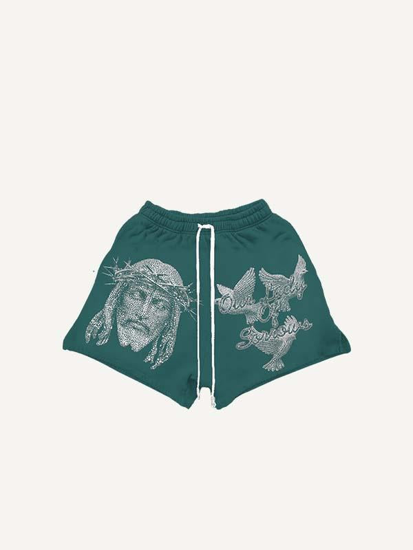 Jesus&Pigeon&Letter Faux Rhinestones Print Drawstring Waist Shorts