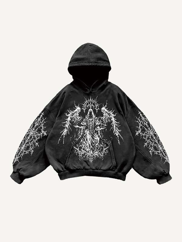 Sudadera con capucha y bolsillos inclinados con estampado gráfico de figura y alas de ángel 