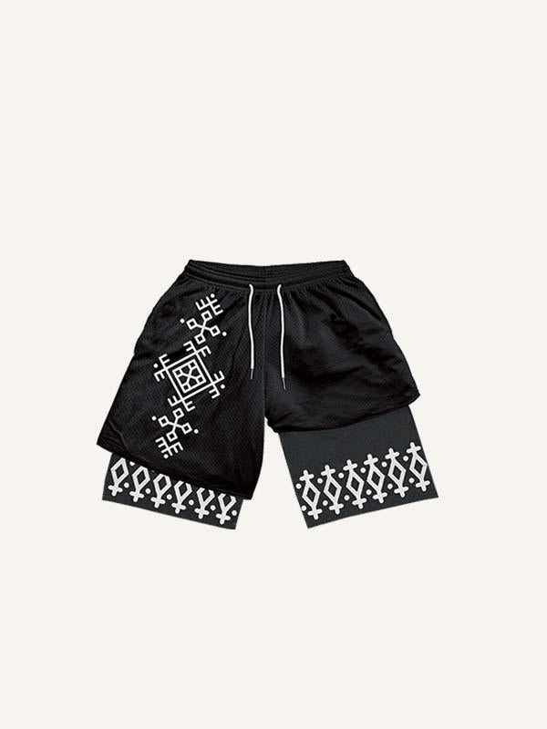 Pantalones cortos falsos de dos piezas con estampado gráfico y cordón en la cintura