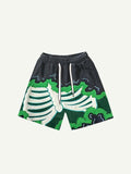 Colorblock Skeleton Faux Decal Print Drawstring Waist Shorts