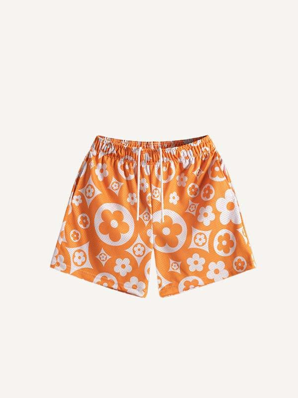 Floral Print Mesh Drawstring Waist Shorts