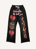 Heartbreak&Skeleton&Letter&Fire Print Elastic Waist Pants