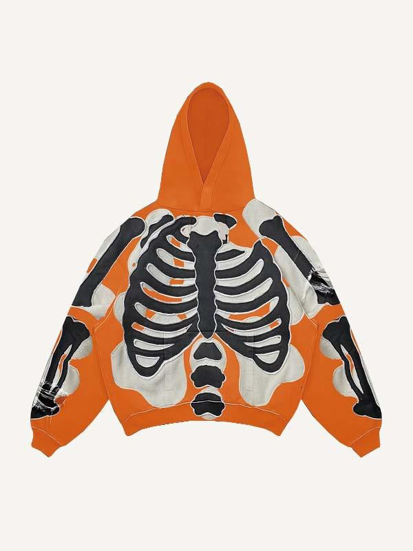 Colorblock Skeleton Faux Decal Print Slant Pockets Hoodie