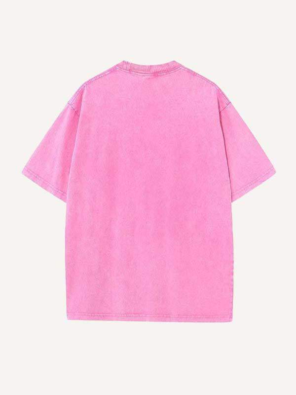 Camiseta de cuello redondo con estampado de ángel y letras desgastado 