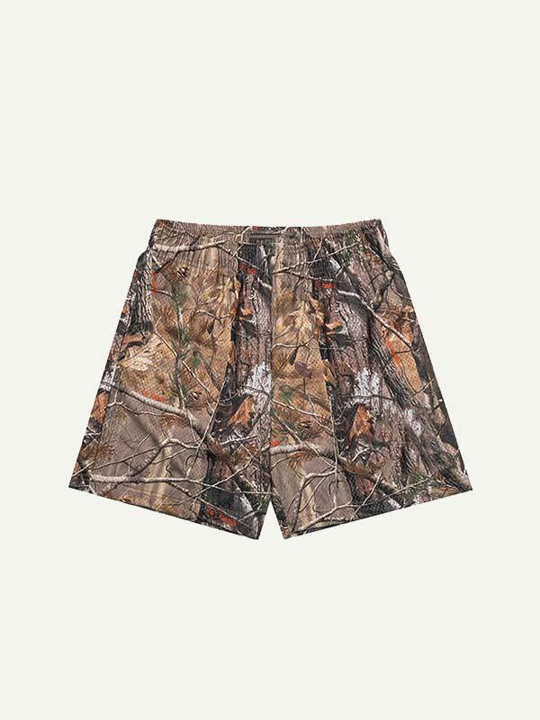 Branches All Over Print Mesh Elastic Waist Shorts