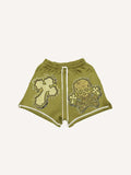 Cross&Skull Faux Decal Print Drawstring Waist Shorts